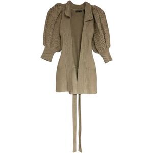 Moda International Wool Blend Puff Sleeve Cable Knit Cardigan Taupe Small